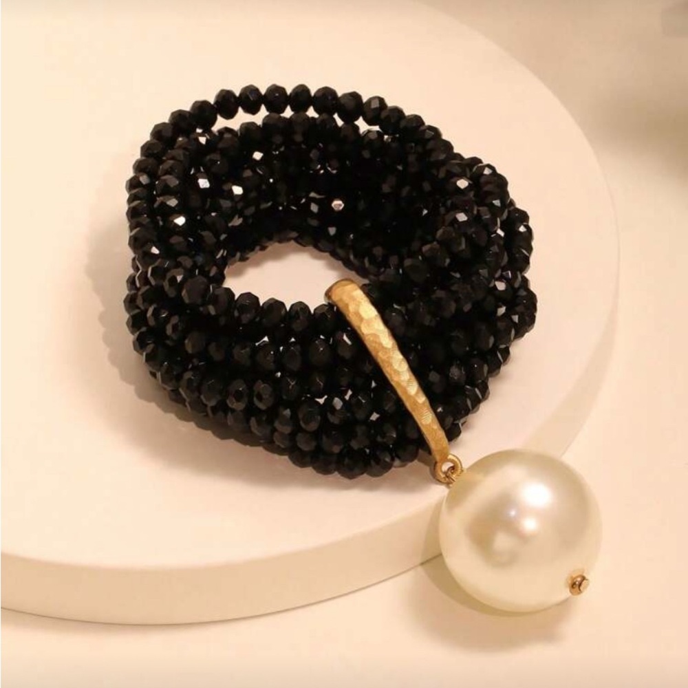 Multi-Layer Black Crystal & Pearl Pendant Bracelet